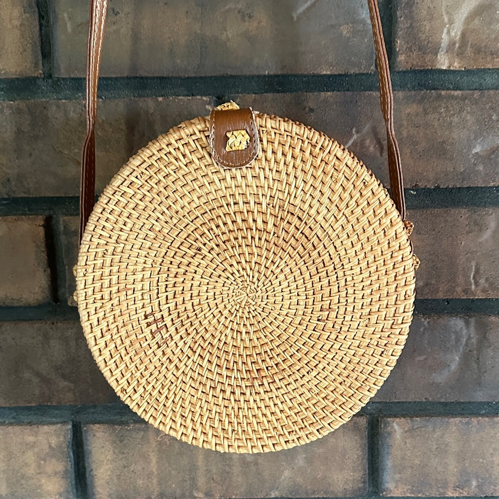 Round Woven Tan Crossbody Bag